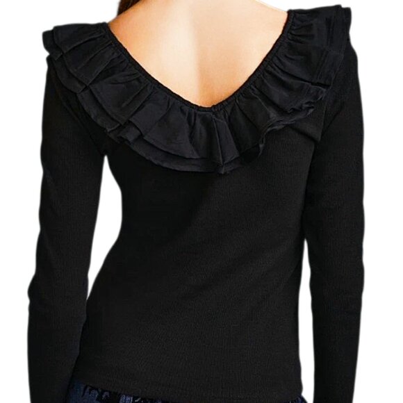 Dolan Left Coast Ruffled V-Neck Top Black M Ribbed Knit Feminine Ruffle Blouse - Picture 4 of 9